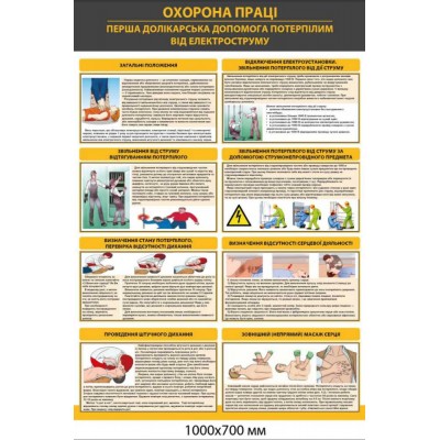 Стенд по охране труда "Первая домедицинская помощь пострадавшим от электротока" 700×1000 мм