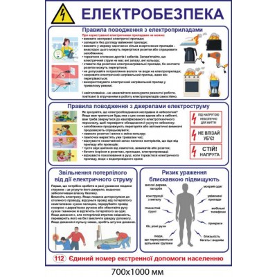 Стенд "Электробезопасность" правила обращения с электроприборами и источниками тока 700×1000 мм