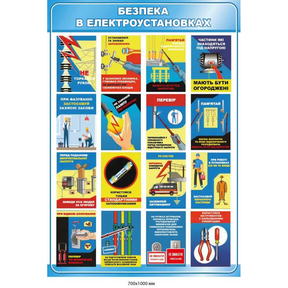 Стенд-инструкция с иллюстрациями "Безопасность в электроустановках" 700×1000 мм
