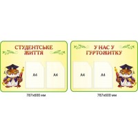 Комплект стендов "Студенческая жизнь" и "У нас в общежитии" (желтый фон, сова-выпускница, по 2 кармана А4)