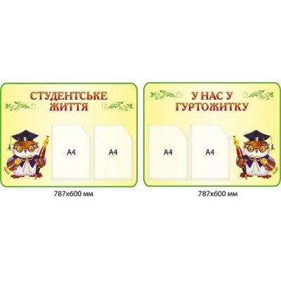 Комплект стендов "Студенческая жизнь" и "У нас в общежитии" (желтый фон, сова-выпускница, по 2 кармана А4)