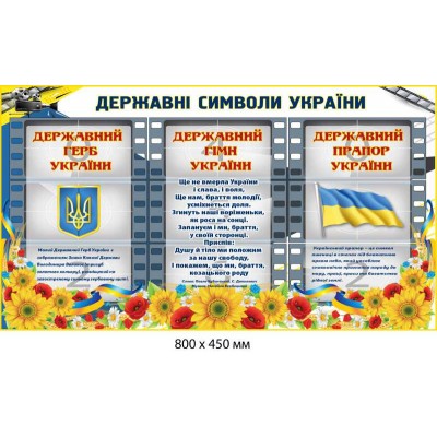 Стенд "Державні символи України" (фон - кіноплівка та соняхи) 800х450 мм