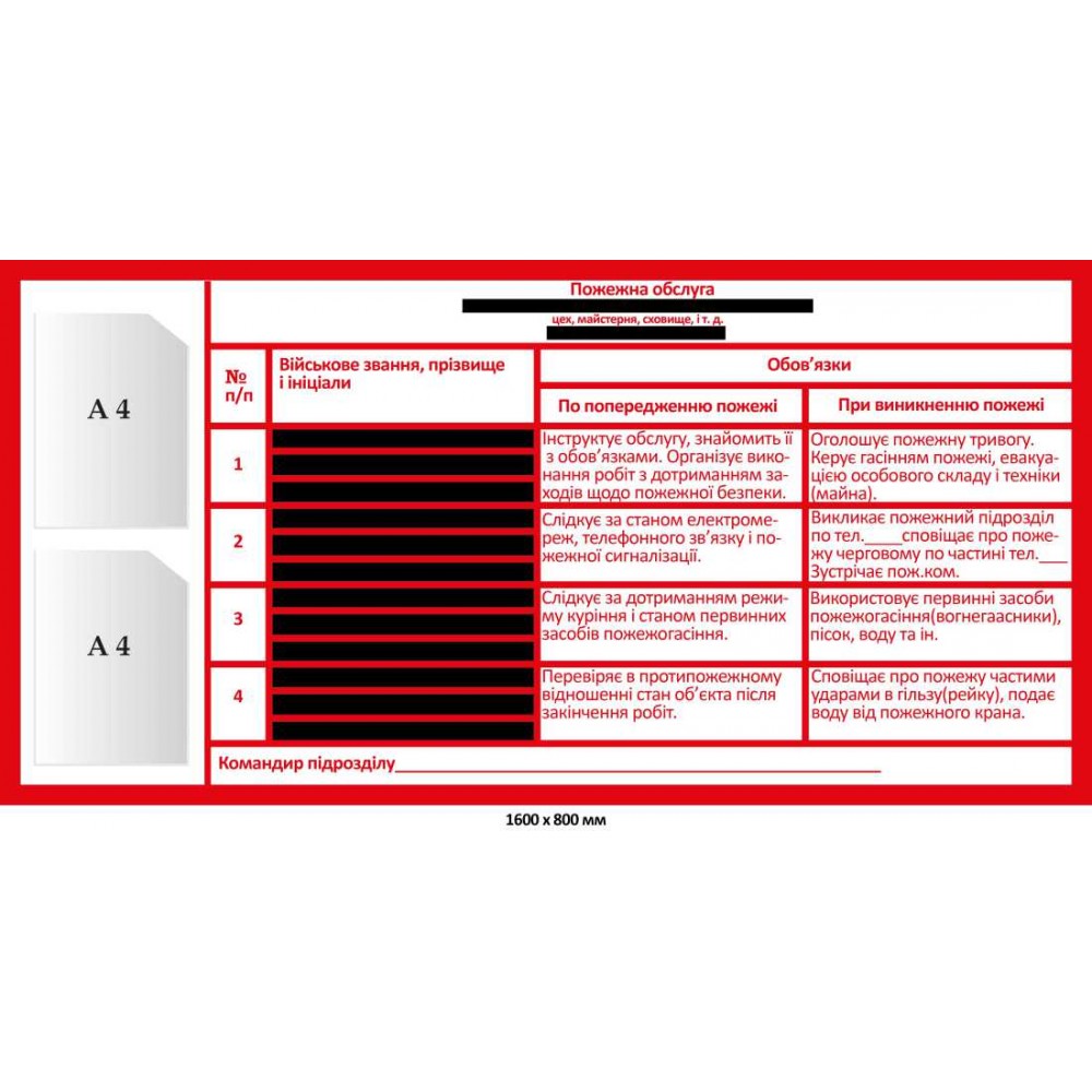 Стенд в военном подразделении "Пожарная обслуга" 2 кармана 1600х800 мм