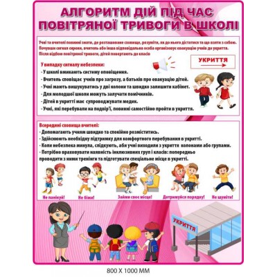 Стенд "Алгоритм дій під час повітряної тривоги в школі" (800х1000 мм)