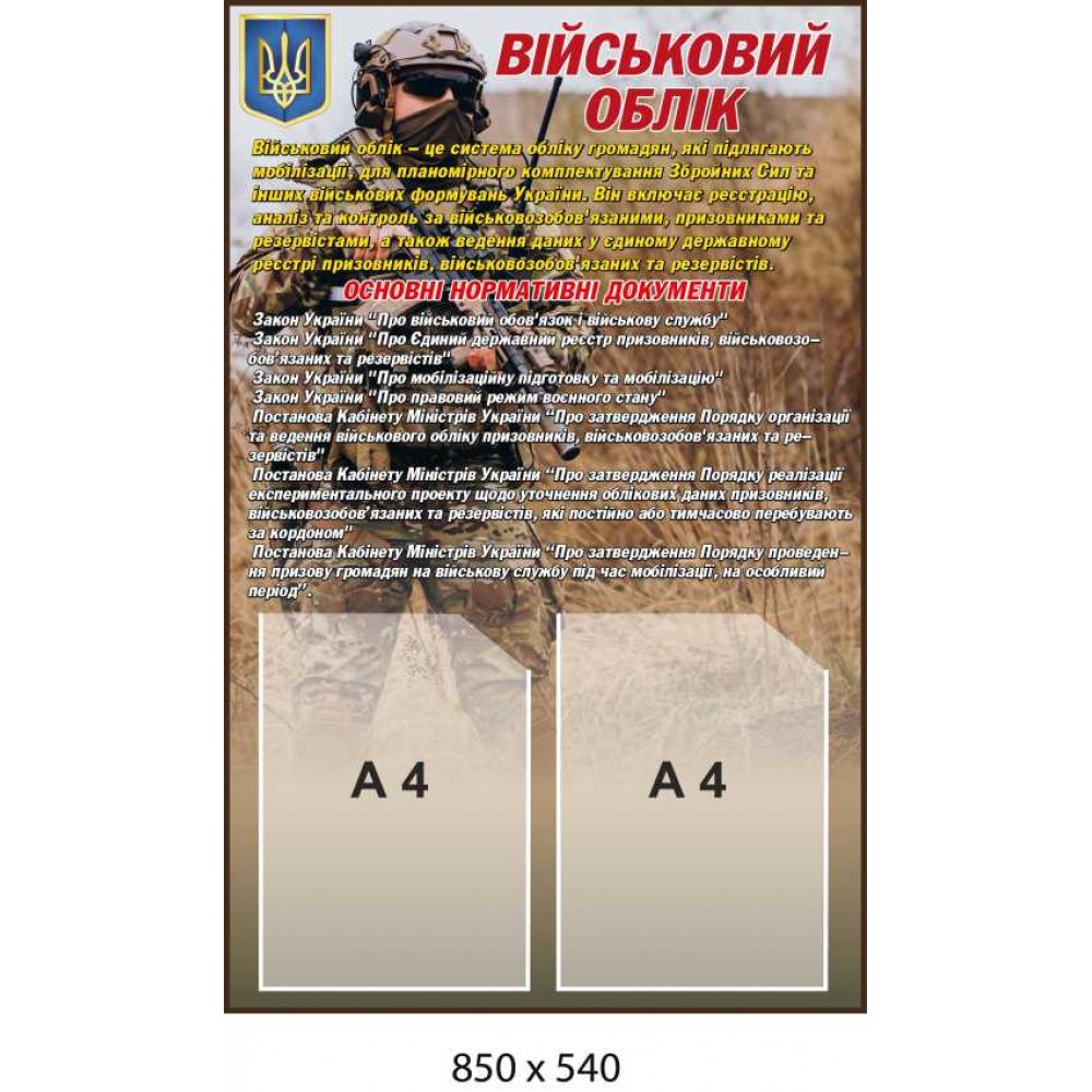 Стенд Воинский учет с карманами А4, армейский информационный уголок