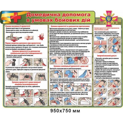 Стенд информационный "Домедицинская помощь в условиях боевых действий" (аптечка, дыхательные пути) 950х750 мм