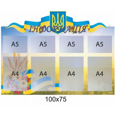 Стенд с пластиковыми карманами "Информация" с Гербом и Флагом Украины 1000х750 мм