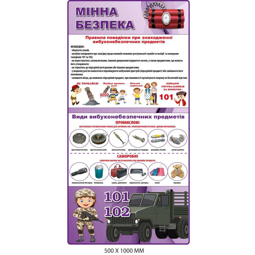 Стенд информационный для детей "Минная безопасность" 500х1000 мм