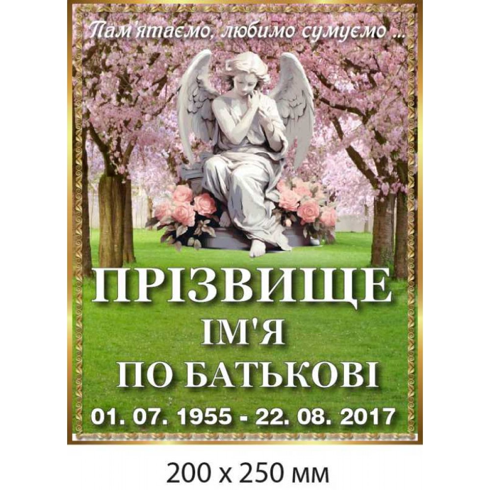 Табличка мемориальная "Помним, любим, скучаем" с ангелом (200х250 мм)