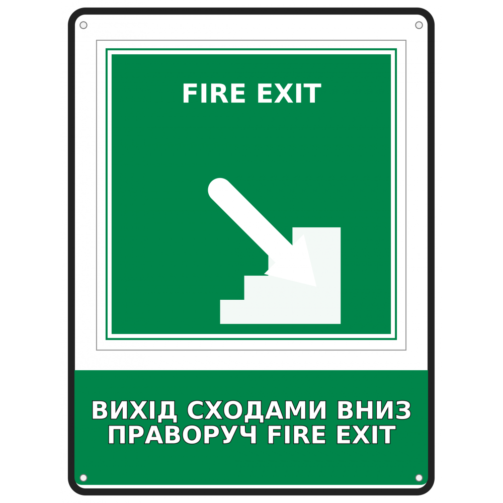Информационная табличка Выход по лестнице вниз вправо FIRE EXIT размером 190х250 мм