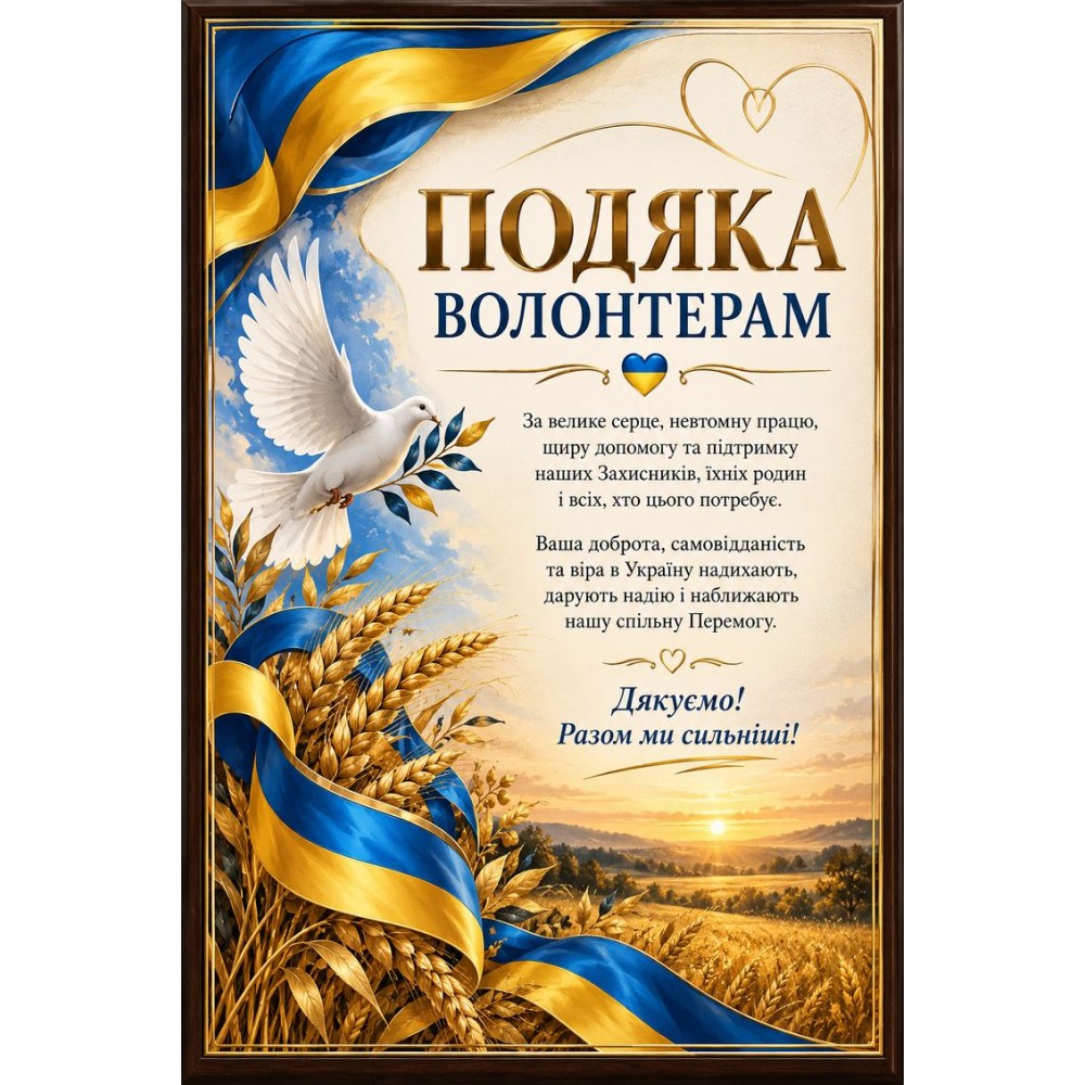 Наградная плакетка Благодарность волонтеру на деревянной основе с металлической пластиной