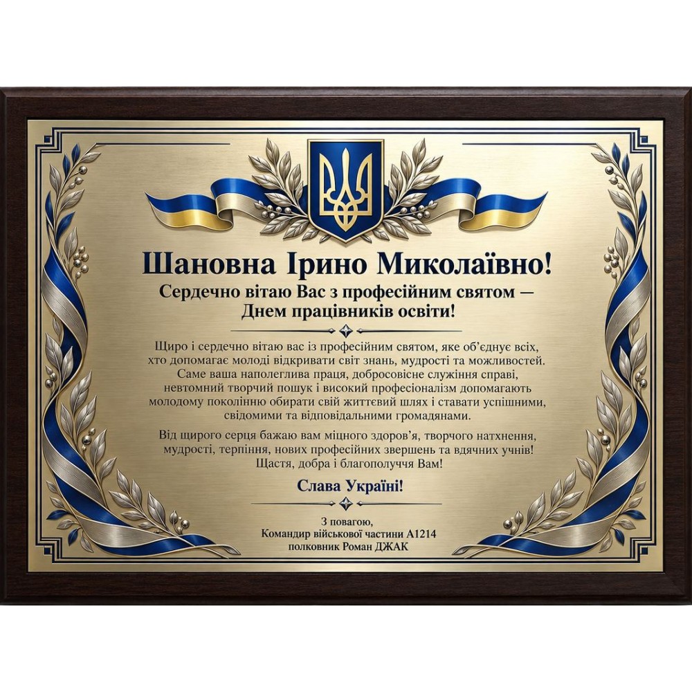 Почетная благодарность ВСУ на деревянной основе