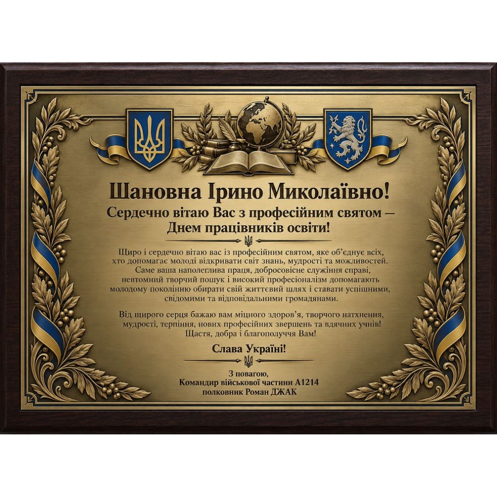 Наградная плакетка Благодарность ВСУ на заказ
