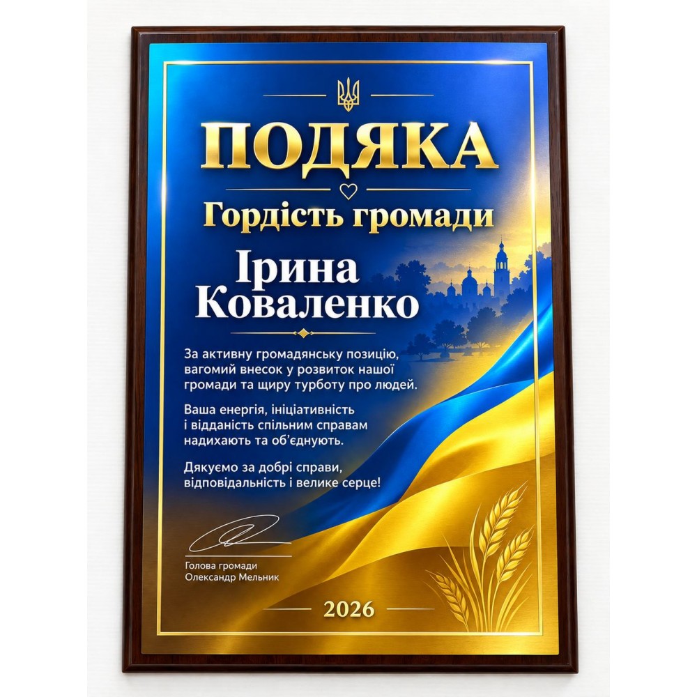 Нагородна плакетка "Подяка" на замовлення іменна грамота, диплом на металі на дерев’яній основі