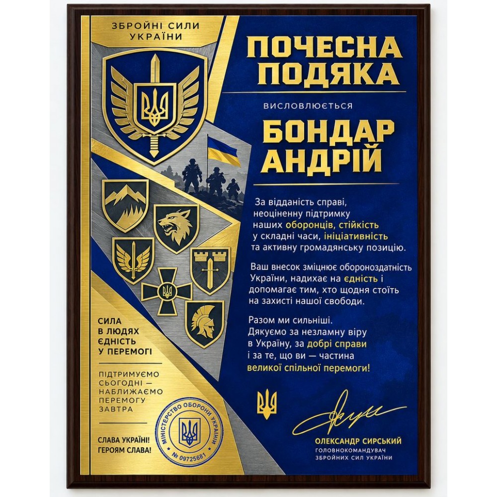 Почетная награда ВСУ на деревянной основе на заказ