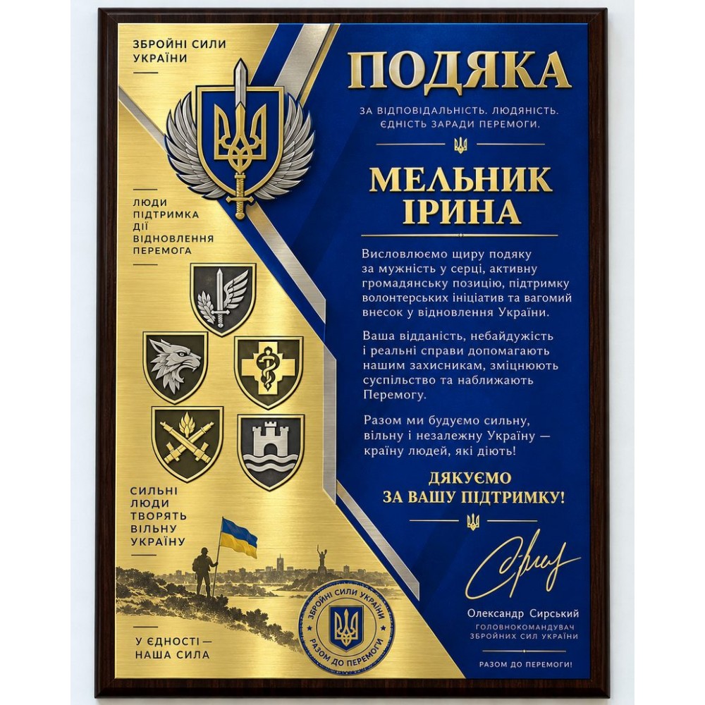 Благодарность ВСУ волонтерам на деревянной основе