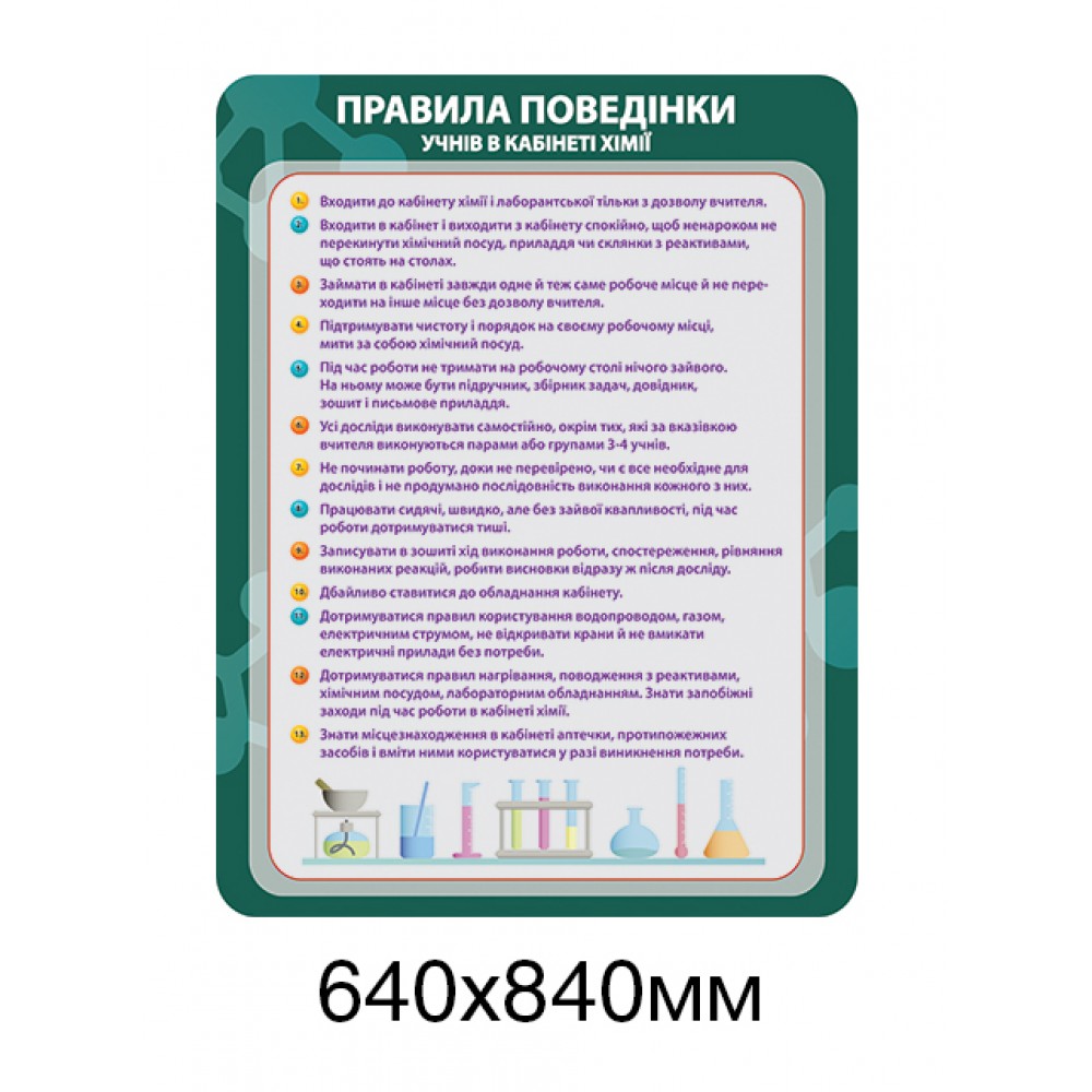 Стенд Правила поведения учащихся в кабинете химии (тёмно-зелёный фон)