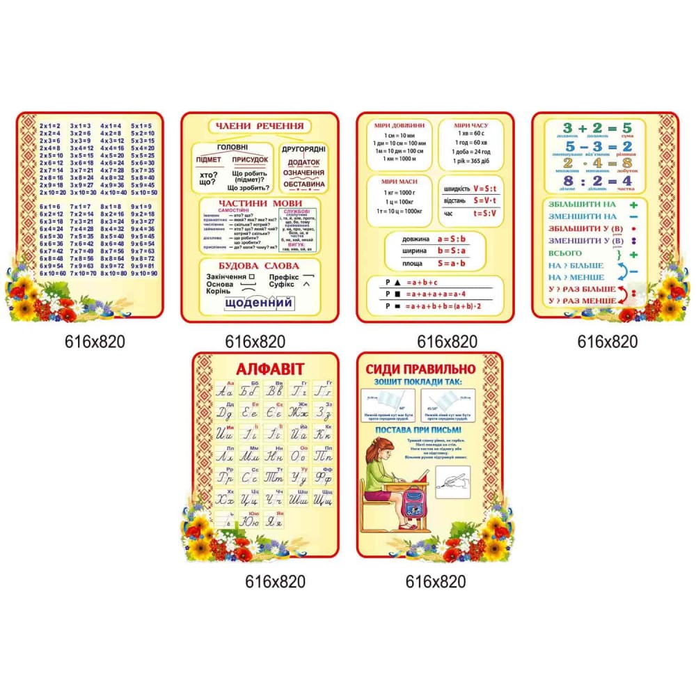 Комплект стендов для начальной школы, бежевые с красным кантом, украинский орнамент