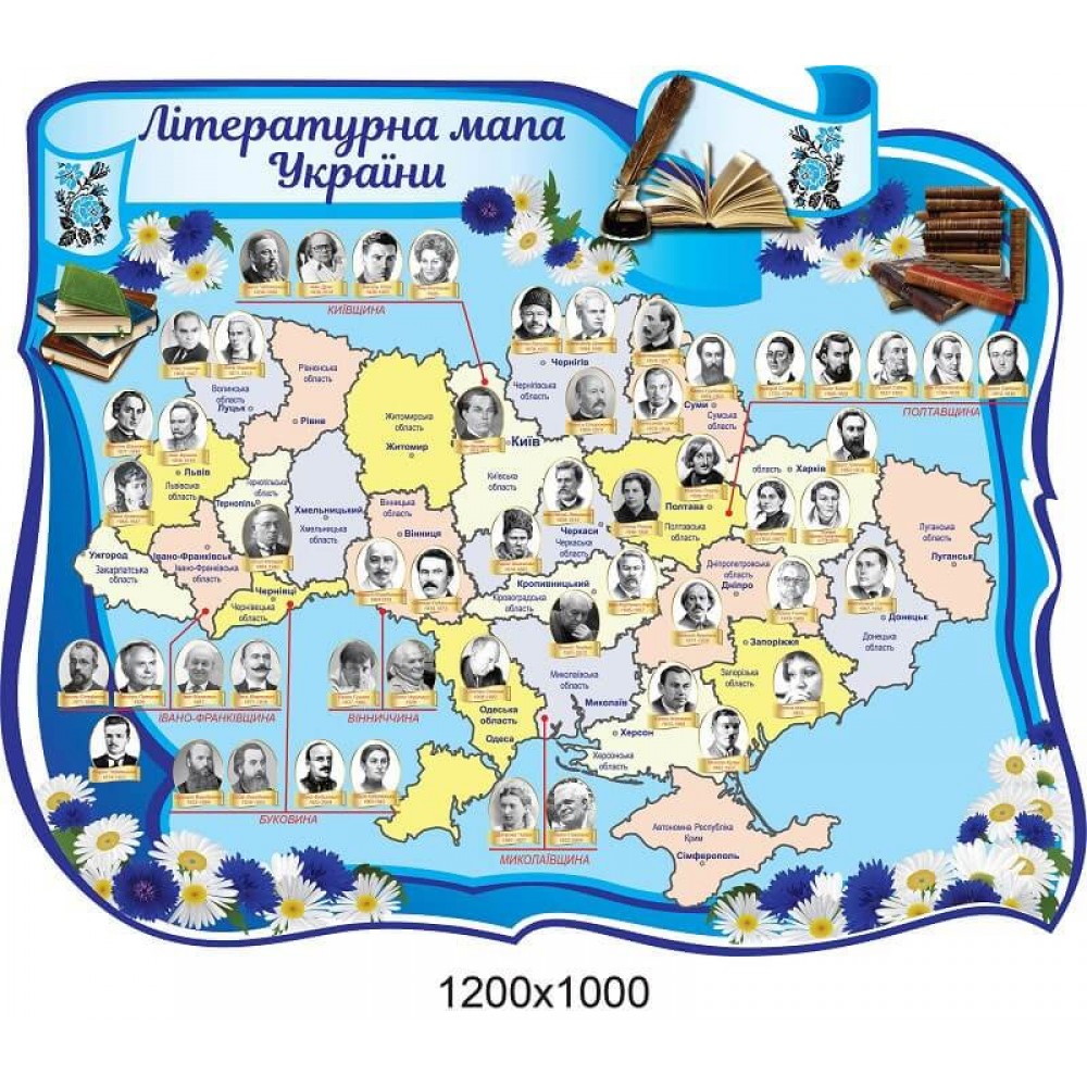 Стенд Литературная карта Украины оформление с полевыми цветами