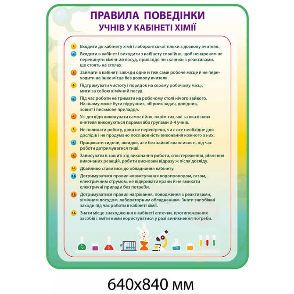 Стенд Правила поведения учащихся в кабинете химии (желто-зеленый фон)
